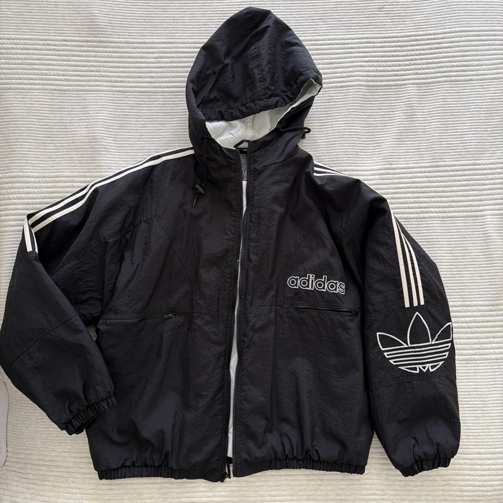 Vintage Adidas Black Hooded Windbreaker Jacket with White Accents